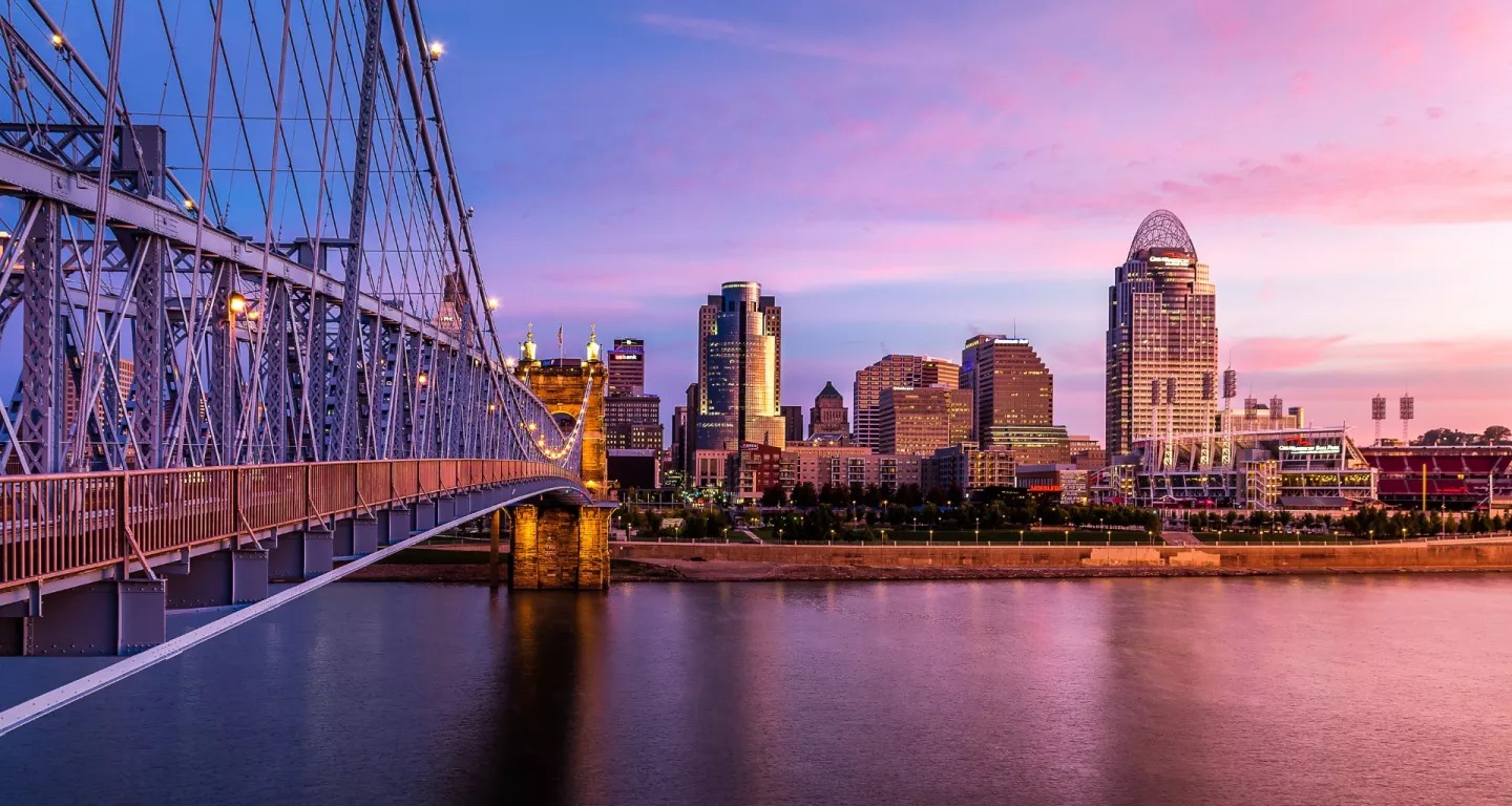 Cincinnati skyline at dusk with Roebling Bridge and Ohio River